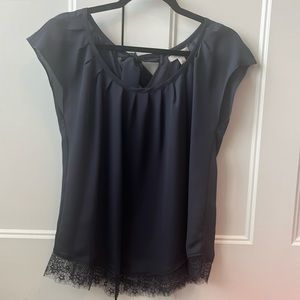Sheer with Lace Navy Gray Short Sleeve Blouse